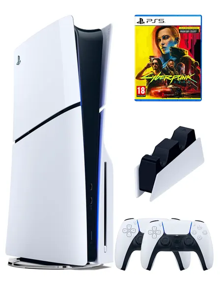 PS5 (ПС5) Игровая приставка Sony PlayStation 5 Slim disc + 2-й геймпад + зарядное + игра Cyberpunk