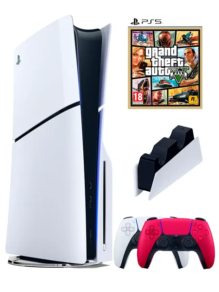 PS5 (ПС5) Игровая приставка Sony PlayStation 5 Slim disc + 2-й геймпад(красный) + зарядное + игра GTA 5