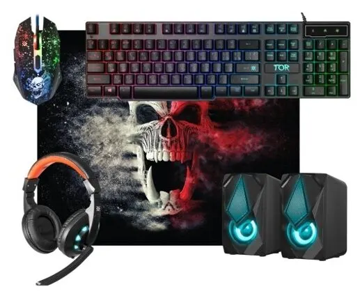 Клавиатура и мышь Defender Tor MHP-127 104кл. 5кн. игровой комплект + гарнитура + коврик + колонки - 1.5м чёрная