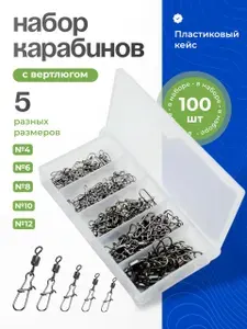 "TOP Рыбак"Набор карабанов с вертлюгом 100 шт, 5 размеров (#4 #6 #8 #10 #12), с быстрым вращением 360, надежная застежка, в пластиковом кейсе