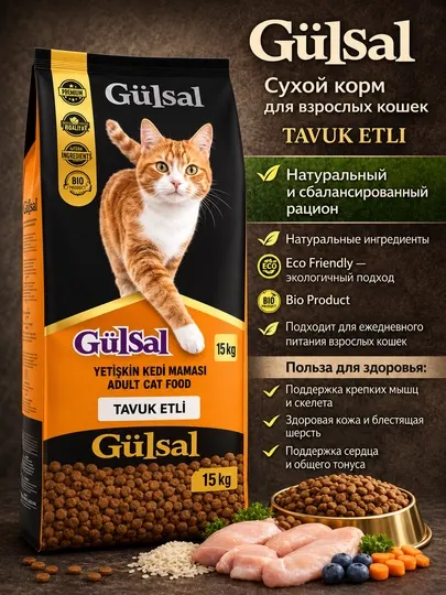 Сухой корм для кошек Gulsal с курицей, 15 кг