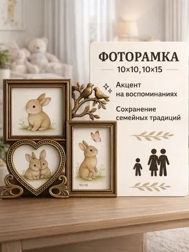 Фоторамка пластик на 3 фото, 10х15 10х10 см, "Фламинго и птички" / рамка для картин, постера, творчества / для интерьера