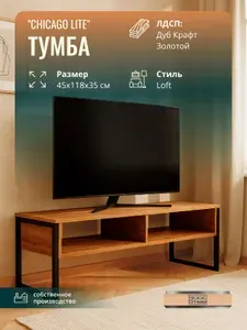 Тумба под телевизор в стиле Лофт "Chicago lite" 118x35x45 см. Дуб Крафт Золотой