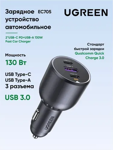 Автомобильное зарядное устройство UGREEN EC705 (35025) 2*USB-C PD+USB-A 130W Fast Car Charger. Цвет: серый