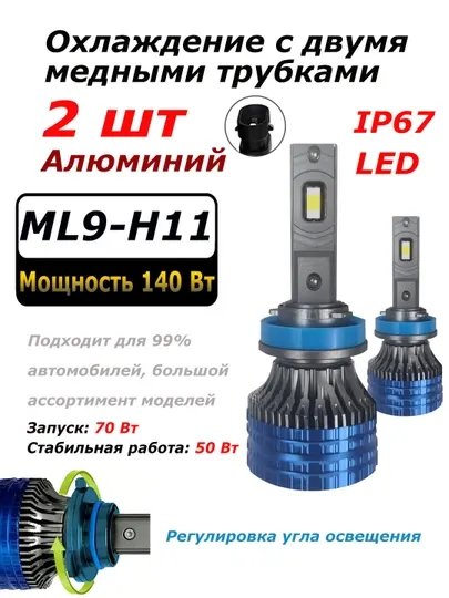 Лампочки светодиодные для авто 2 шт LED ML9-H4/H7/H11 габарит фара ближний свет