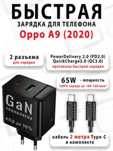 Зарядное устройство для телефона Oppo A9 (2020) - (быстрая мощная зарядка 65 ватт 65w type-c тайпси)