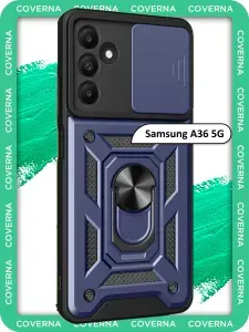 Чехол противоударный бронированный на Samsung A36 5G, для Самсунг А36 5G с защитной шторкой для камеры, пластиной для магнитного автодержателя и кольцом подставкой, синий
