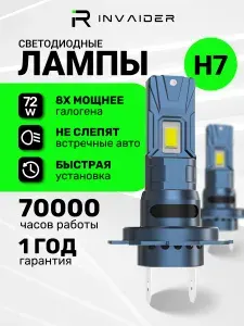 Светодиодные лампы H7 LED INVAIDER RZ 72W лед лампа, диодные ближнего света, лампочки автомобильные в фары h7