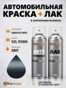 Краска и лак для DAIHATSU TANTO, код S33, 912684, GREY, автомобильная эмаль базовая и акриловый глянцевый лак FixPaint в аэрозольных баллонах 520 мл