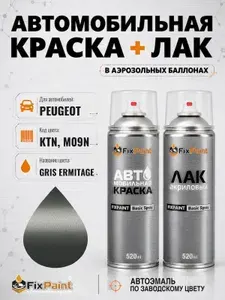 Краска и лак для PEUGEOT, код KTN, M09N, GRIS ERMITAGE, автомобильная эмаль базовая и акриловый глянцевый лак FixPaint в аэрозольных баллонах 520 мл