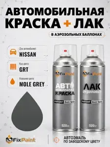 Краска и лак для NISSAN, код GRT, MOLE GREY, автомобильная эмаль базовая и акриловый глянцевый лак FixPaint в аэрозольных баллонах 520 мл