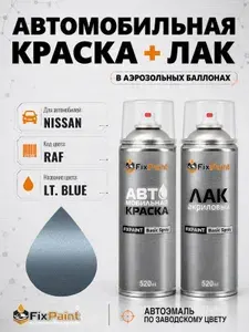Краска и лак для NISSAN, код RAF, LT BLUE, автомобильная эмаль базовая и акриловый глянцевый лак FixPaint в аэрозольных баллонах 520 мл