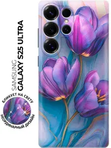 Силиконовый чехол на Samsung Galaxy S25 Ultra с принтом "Цветы и золото"