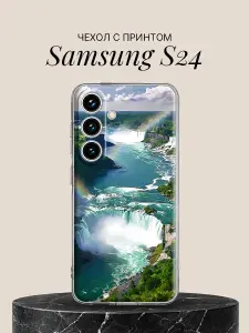 Чехол на Samsung S24 с принтом Ниагарский водопад с радугой