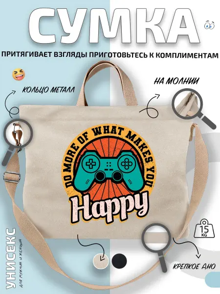 Через-плечо Сумка шоппер Геймпад и надпись Happy