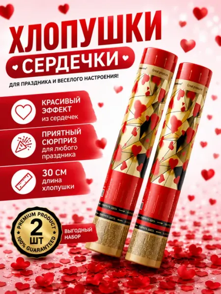 Хлопушка для праздника Свадебная сердечки красные 2 шт Maxsem