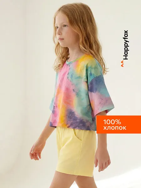 Happyfox Футболка детская оверсайз короткая с принтом тайдай