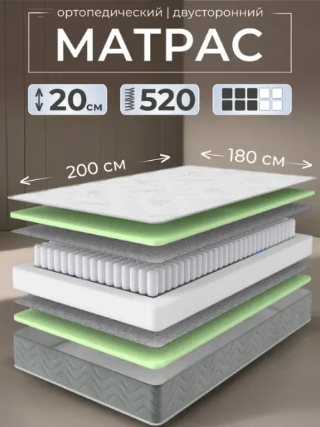 Матрас 180х200 двуспальный ортопедический пружинный Best Tex's