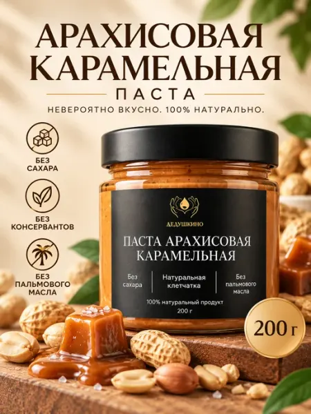 Арахисовая паста карамельная, без сахара 200 г ДЕДУШКИНО