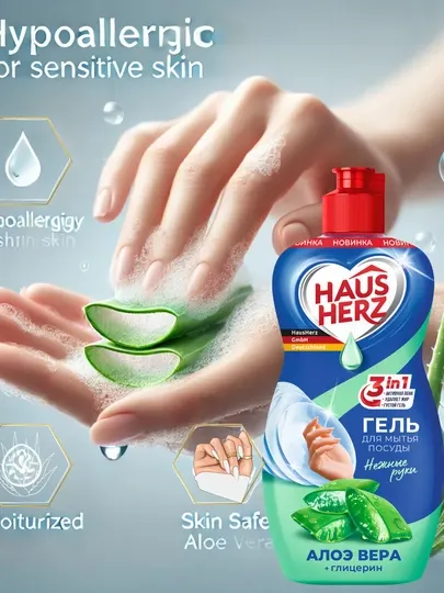 Гель для мытья посуды, Haus Herz,"Нежные ручки", эффективное удаление жира, густая формула