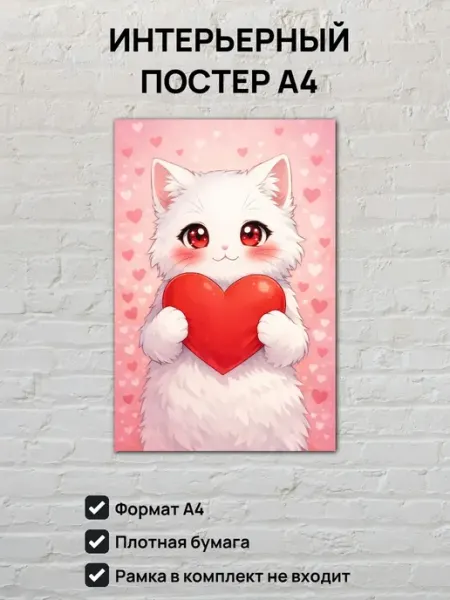 Интерьерный постер А4 Кошка и сердечко