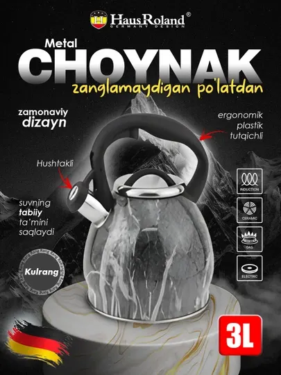 Металлический чайник HausRoland со свистком и пластик ручкой, черный и белый