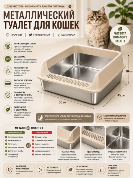 Лоток для кошек металлический из нержавеющей стали высоким бортиком без запаха 50×45×30 - Туалеты и наполнители