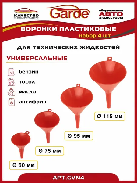 Воронки автомобильные пластиковые набор 4 шт D-50, 75, 95,115мм Garde GVN4