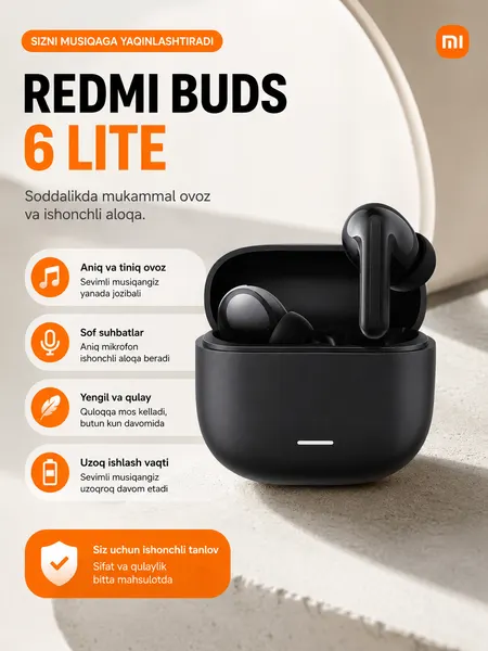 Беспроводные наушники Redmi Buds 6 Lite, Bluetooth 5.3, ANC, шумоподавление, динамик 12.4 мм, Type-C, черные