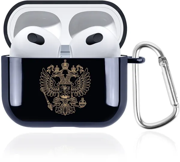 Темно-синий силиконовый чехол SignumCase для наушников Apple AirPods 3 Золотой Герб России