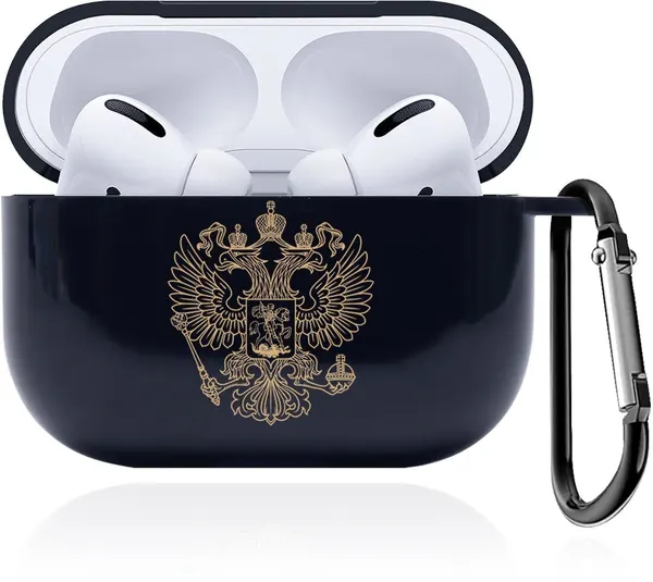 Темно-синий силиконовый чехол SignumCase для наушников Apple AirPods Pro Золотой Герб России