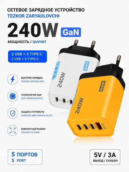 Зарядное устройство зарядка для смартфонов планшеток GAN 240W 2USB+3Type-c евровилка