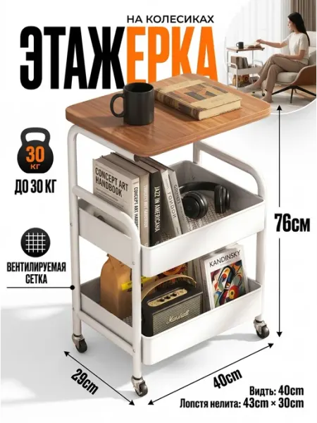 Этажерка на колесиках передвижная белая дом GOOD HOME