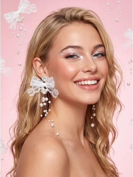 Серьги бантики крупные с жемчугом и камнями кружевные Classy market