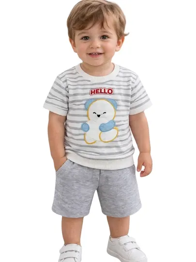 Детский костюм Koala Kids , футболка и шорты, с принтом мишки Hello, хлопок, серый
