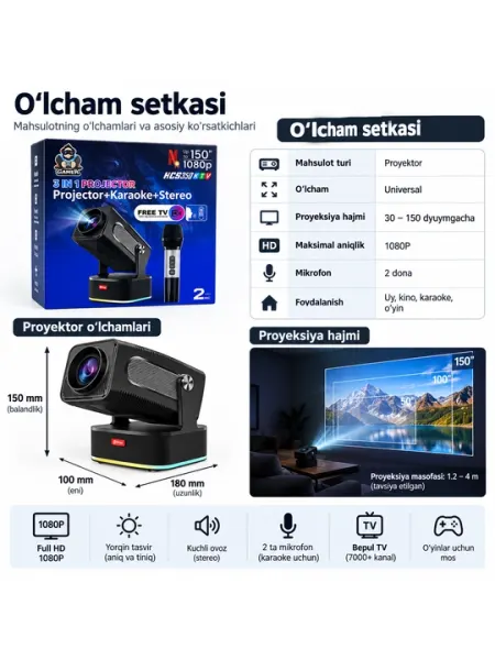 Проектор HCS350 1080P — домашний проектор для кинотеатра и караоке со стереозвуком и микрофоном - Проекторы и аксессуары