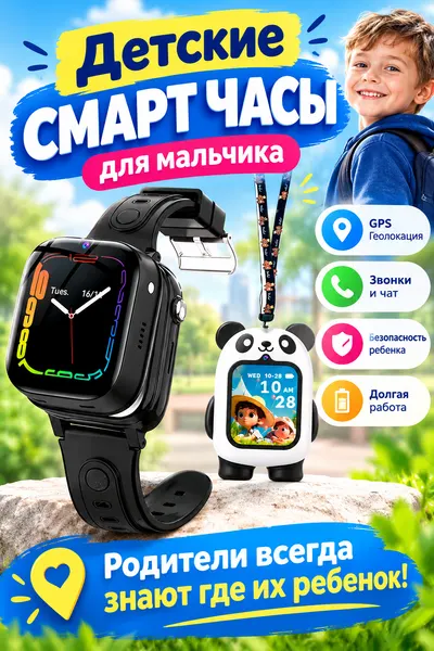 Смарт часы 2026 + чехол-мишка , умные часы с сим картой 4G, GPS, видеозвонок, кнопка SOS, черные