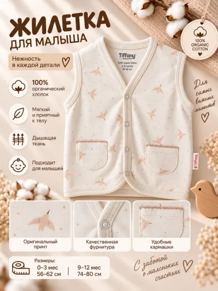 Детский органический жилет Tiffany Baby «Bird Theme» с карманами, экрю - Верхняя одежда для новорождённых