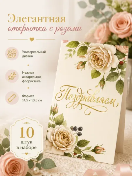 Открытка «Поздравляем» с розами 10 штук Филькина грамота