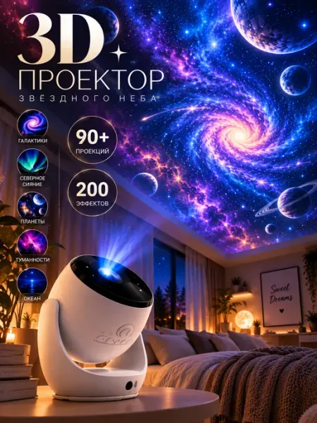 Ночник проектор звездного неба голографический 3D планетарий MiniMinds
