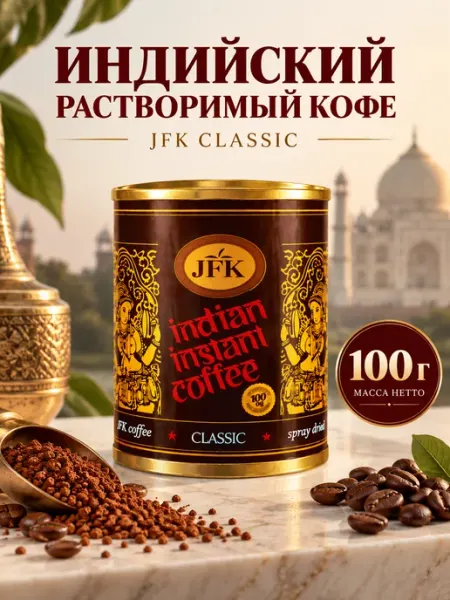 Кофе растворимый JFK Classic с насыщенным вкусом 100 грамм JFK India