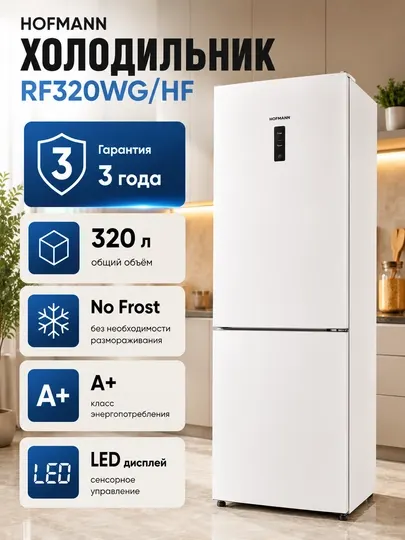 Холодильник Hofmann RF320WG/HF, 320 л, NoFrost, LED экран, энергопотребления A+