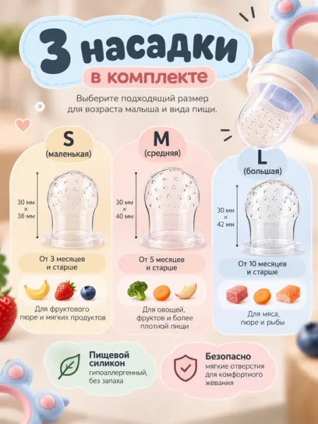 Ниблер для прикорма детский силиконовый с 3 насадками S/M/L и чехлом - Ниблеры