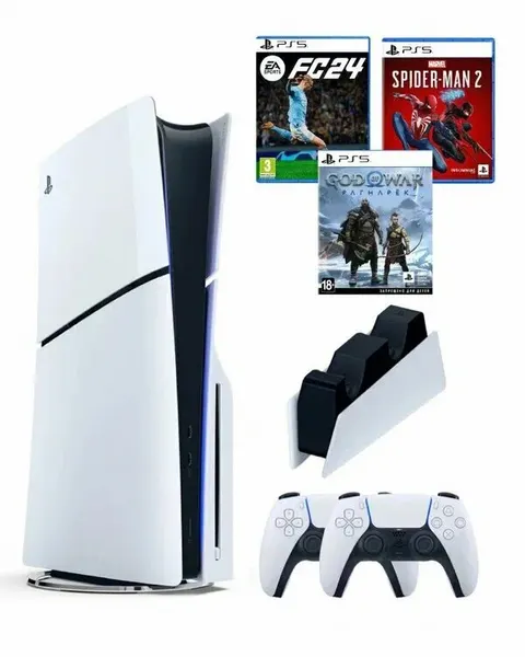 PS5 (ПС5) Sony Playstation 5 slim 1 Tb+2-ой геймпад(белый)+зарядное+God of War+Spider Man2+FC24