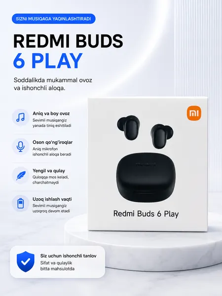 Беспроводные наушники Redmi Buds 6 Play Bluetooth, сенсорное управление, зарядный кейс.