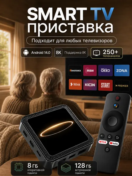 Андроид 14 "Smart TV" приставка 8/128 Гб памяти, с поддержкой 8к