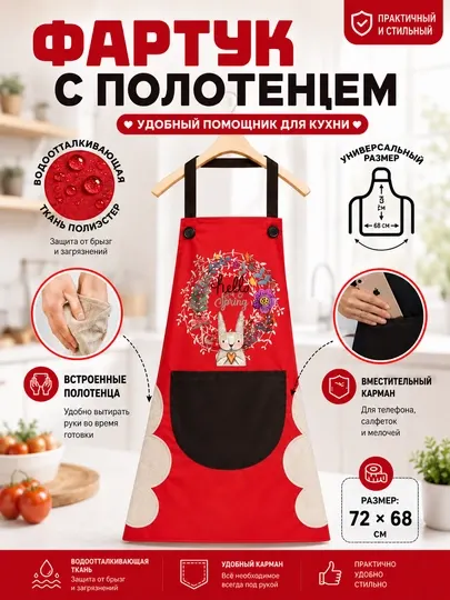 Кухонный фартук, с полотенцами, с карманом, для кухни
