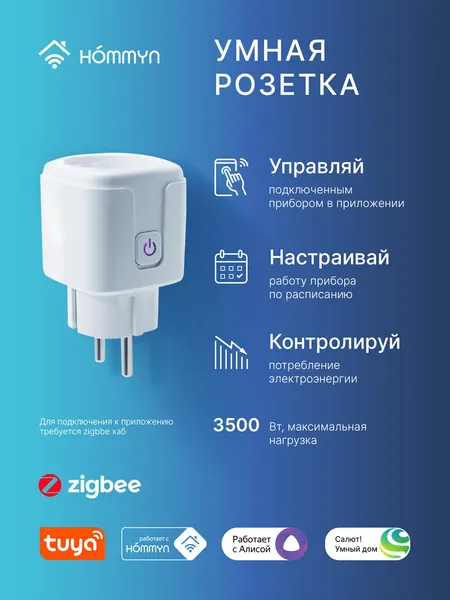 Розетка умная HOMMYN RKNZ02, евровилка, Zigbee, белая, пластик