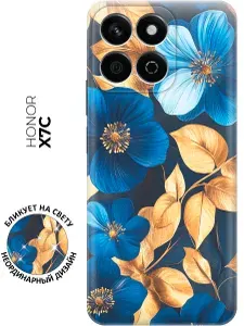 Силиконовый чехол на Honor X7C с принтом "Синие цветы, золотые листья"