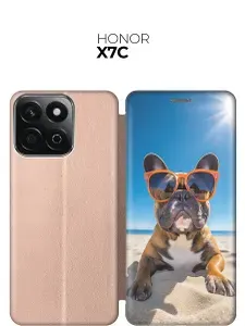 Чехол-книжка на Honor X7C с принтом "Бульдог на пляже" золотой